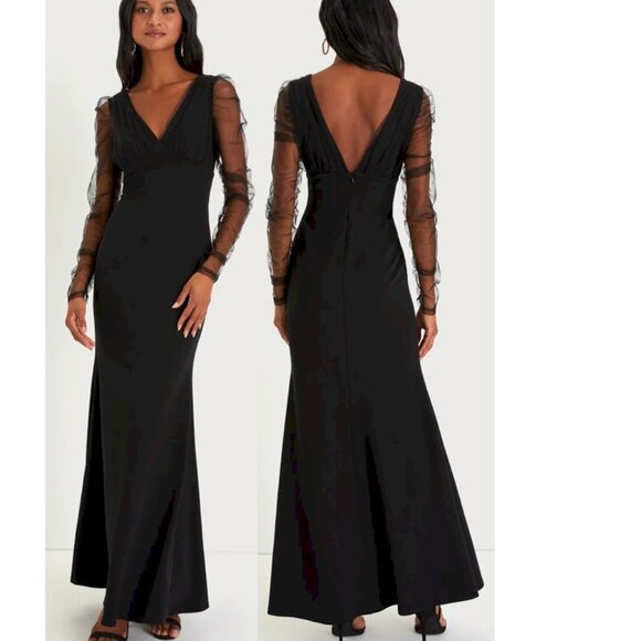 Lulus Red Carpet Energy Black Tulle Long Sleeve Mermaid Maxi Dress Large NWOT - Picture 1 of 3